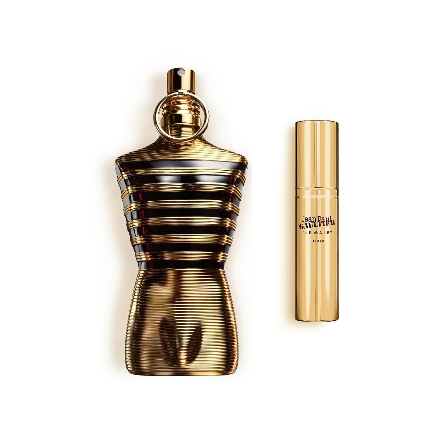 Jean Paul Gaultier Le Male Elixir Parfum Duo | Full Size 4.2 oz & Travel Spray 0.34 oz, Long-Lasting Woody Aromatic Cologne for Men, Fragrance Gift Set